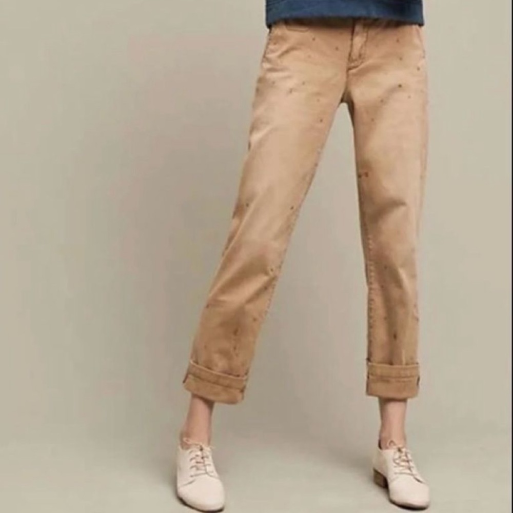 Anthropologie  Pilcro & the Letterpress Khaki Tan Pants, Gold Paint Splatter